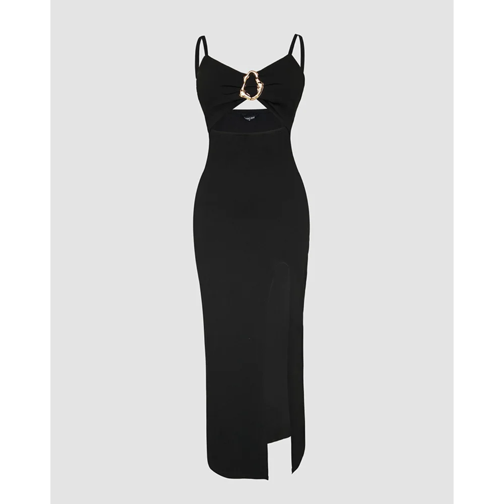 Femmes col en v Spaghetti sangle anneau en métal robe moulante haute fente froncé robe de soirée Sexy cordon découpé robe longue noire