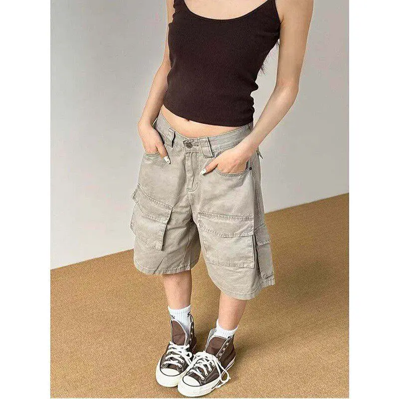 

Retro American Washed Large Pocket Workwear Shorts Five-Quarter Straight Leg Loose Fit Casual Summer High Street Unisex Shorts
