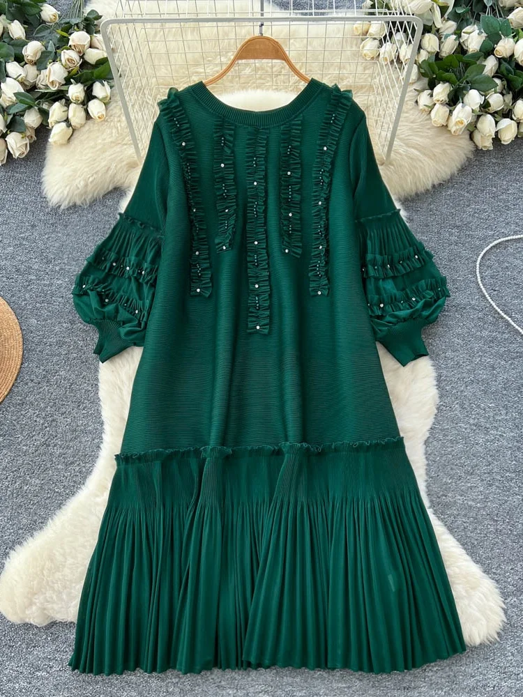 Długa spódnica damska z wysokim stanem, plisowana, elastyczna, w stylu latarni, idealna na lato, do pracy, z perłami.