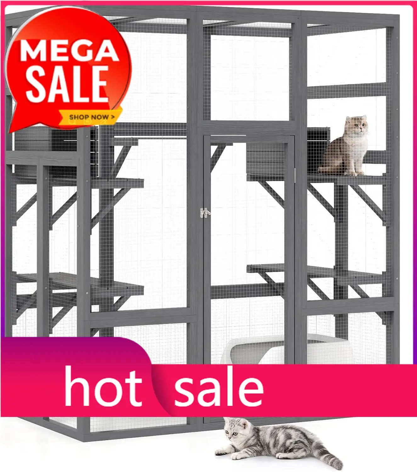 

71Inches Large Wood Catio Outdoor Cat Enclosure with Perches and Condos, Cat House Indoor with Waterproof Roof, Cat Shelter 5 Pl