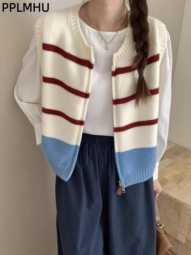 Striped Zipper Cardigan Knitted Vest Women's Casual Sleeveless Baggy Sueter Gilet Korean Soft Fashion O-Neck Loose Sweater