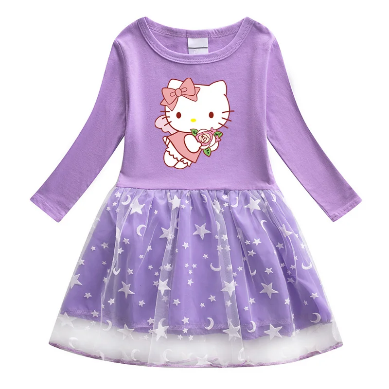 Hello Kitty Cute Cartoon Print Children Cotton Fashion Pleated Princess Dress Star Moon Net Yarn Long-sleeved Casual Girls Skirt