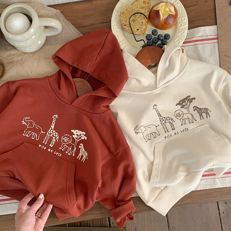 Korean Style Fashion Cartoon Print Loose Hooded Baby Hoodies Spring Autumn Soft Beige Newborn Kids Sweatshirt for Boy Girls