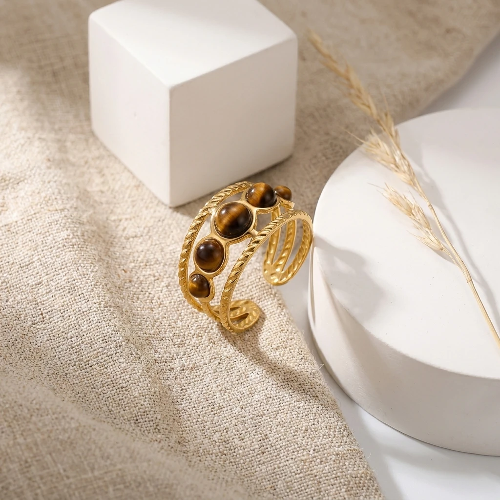 Geometrische Punk-Ringe aus breitem, vergoldetem Metall für Damen und Herren, Vintage-Tigerauge-Ringe aus Edelstahl, trendiger, wasserdichter Schmuck, Geschenk – Detail 5
