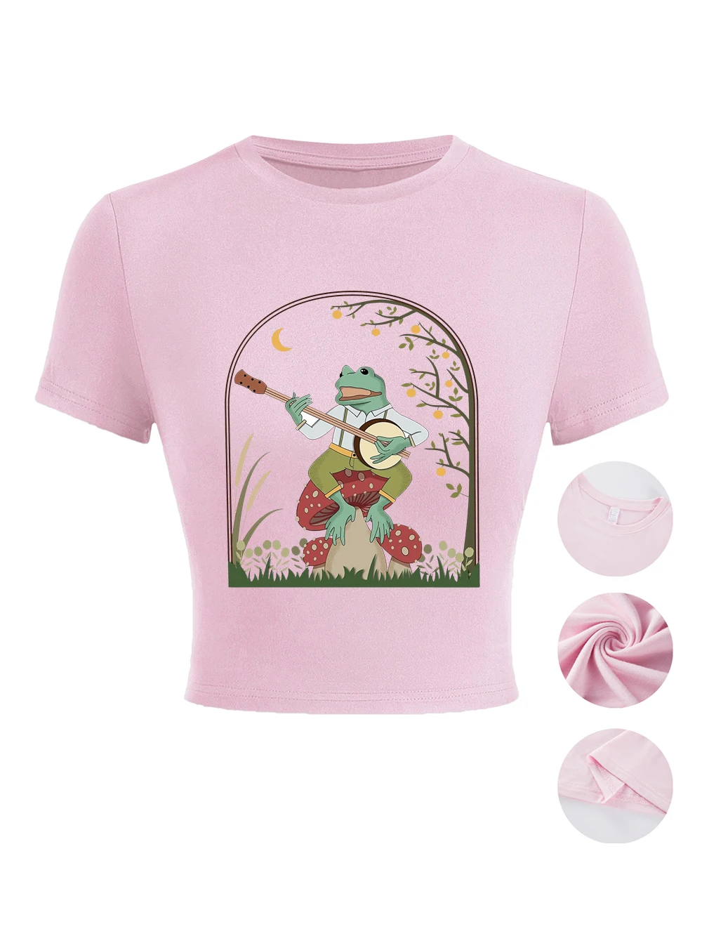 Frosch spielt Banjo auf Pilz-Prints Damen Crop T-Shirts Sommer Hochelastische weiche Oberteile Schlanke Kurzarm-T-Shirts Sexy O-Neck-Kleidung