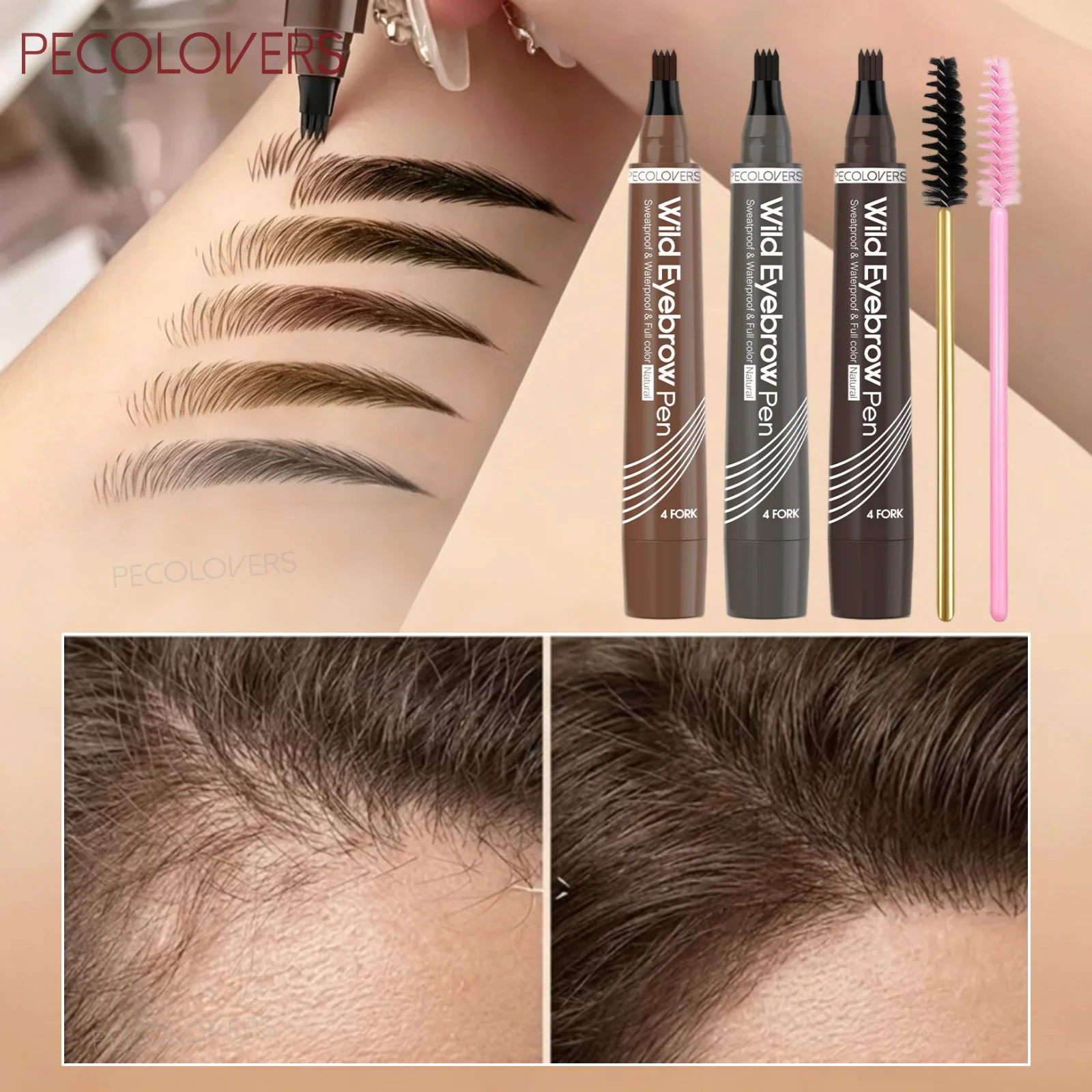 3PCS Four-pronged Eyebrow Pencil + 2PCS Eyebrow Comb - Outlines Distinct Artificial Eyebrows, Natural Matte Makeup Effect