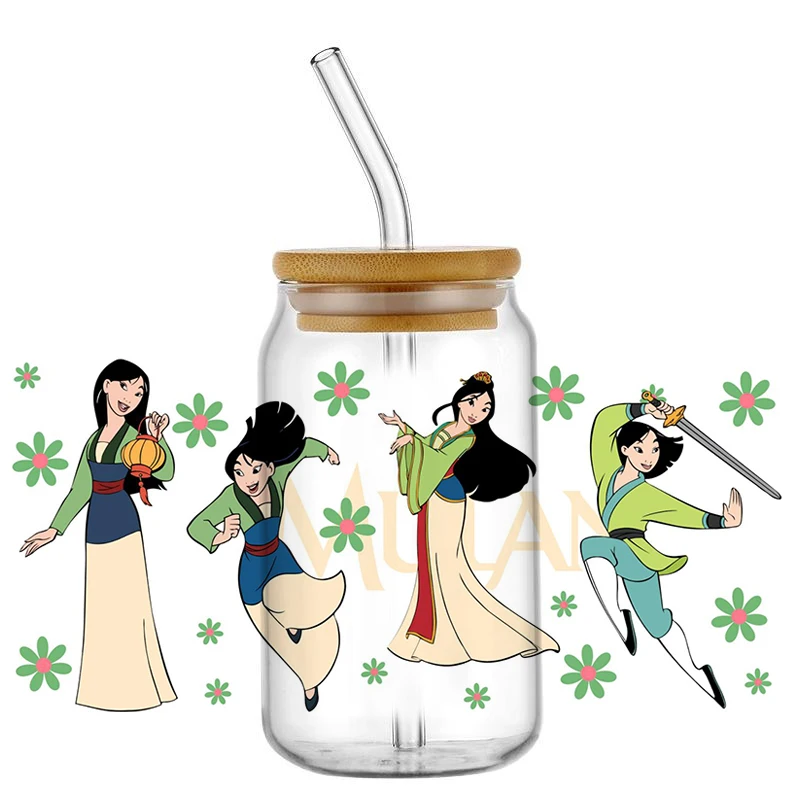 Miniso-calcomanía 3D de dibujos animados Hua Mulan, pegatina de transferencia lavable para vasos Libbey de 16oz, impermeable, DIY, envoltura de taza UV DTF