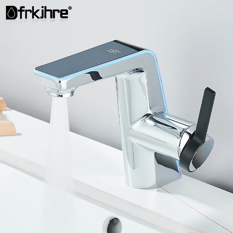 Grifo de lavabo con pantalla Digital inteligente LCD, grifo de lavabo extraíble gris, grifos de baño fríos y calientes, grifo mezclador de montaje en cubierta de grúa de latón