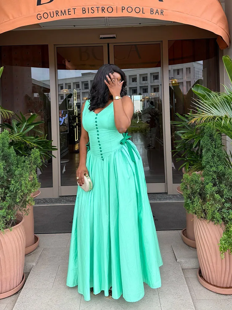 

Женское летнее платье А-силуэта с круглым вырезом, без рукавов, с завышенной талией, облегающее, длинное, зеленое, элегантное
