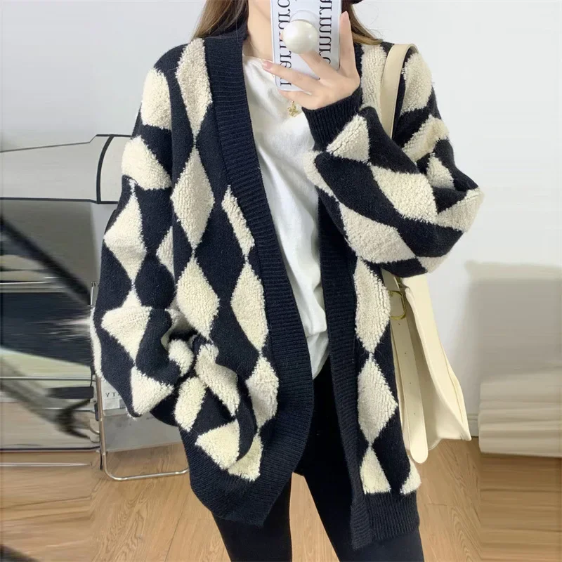 

Women Coats V Neck Knitted Sweaters Full Sleeve Print Plaid Open Stitch Casual Loose Splice Cardigan Autumn Winter 2023