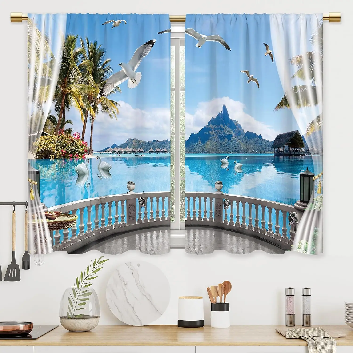Tropical Beach Curtains 2pcs Ocean View Curtain Pair Paradise Nature Landscape Seaside Window Curtain Home Decor Waterproof Indo
