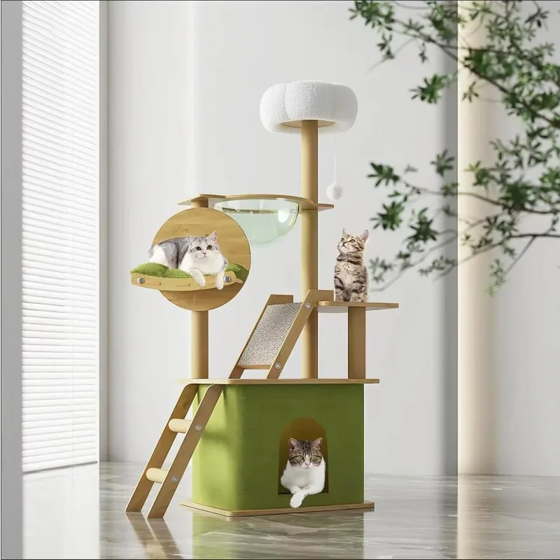 

59in 6-Level Large Cat Tree Climbing Tower with Scratching Post, Green Wood