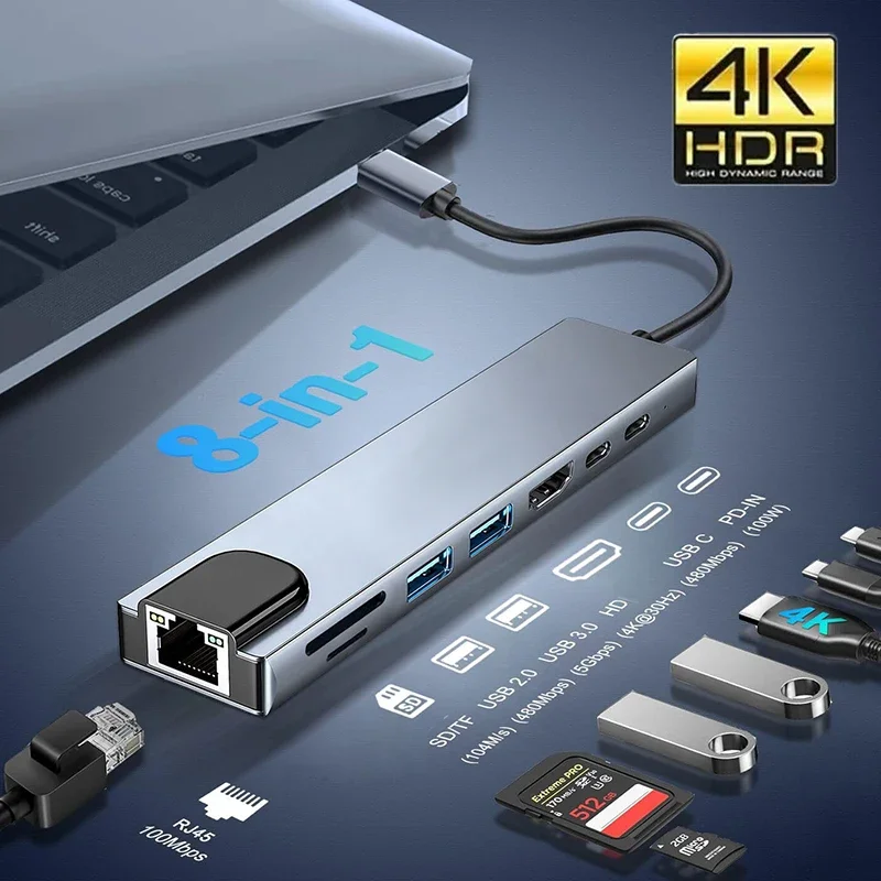 

USB C 8 In 1 Hub Adapter for Macbook PC PD Charge 8 Ports Dock Station RJ45 HDMI-Compatible TF/SD Card Laptop Type-C Splitter