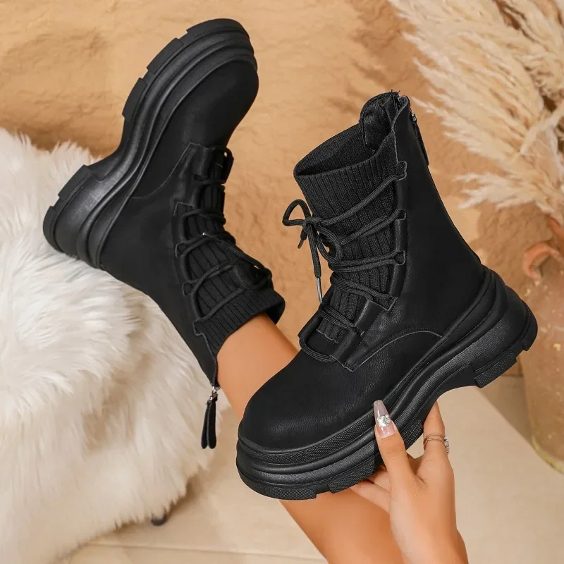 

2025 New British Style Platform Small Booties Women's Heightened Versatile Knit Non-Slip Fashion Boots