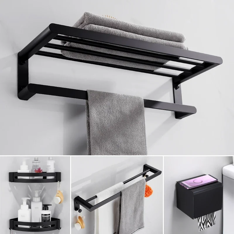 Towel Holder Fixed Bath Rack Bathroom Accessories Wall Mount 40-50 CM Rail Shower Hanger Black Aluminum Bar Organazer Shelf