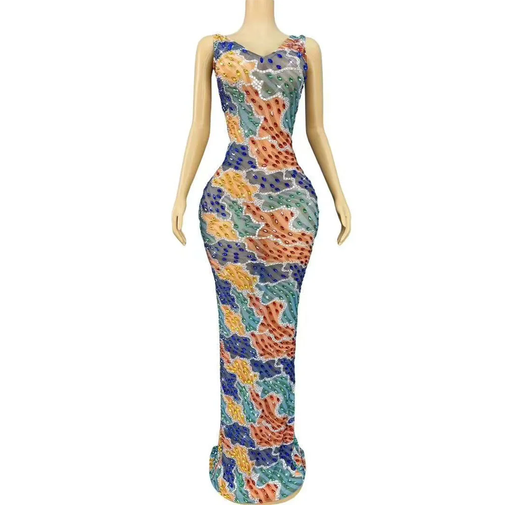 

Sexy Colorful Block Pattern Designed shining Rhinestones Trim fit Mesh Dress Evening Party Gown Show Red carpet Stage Outfit