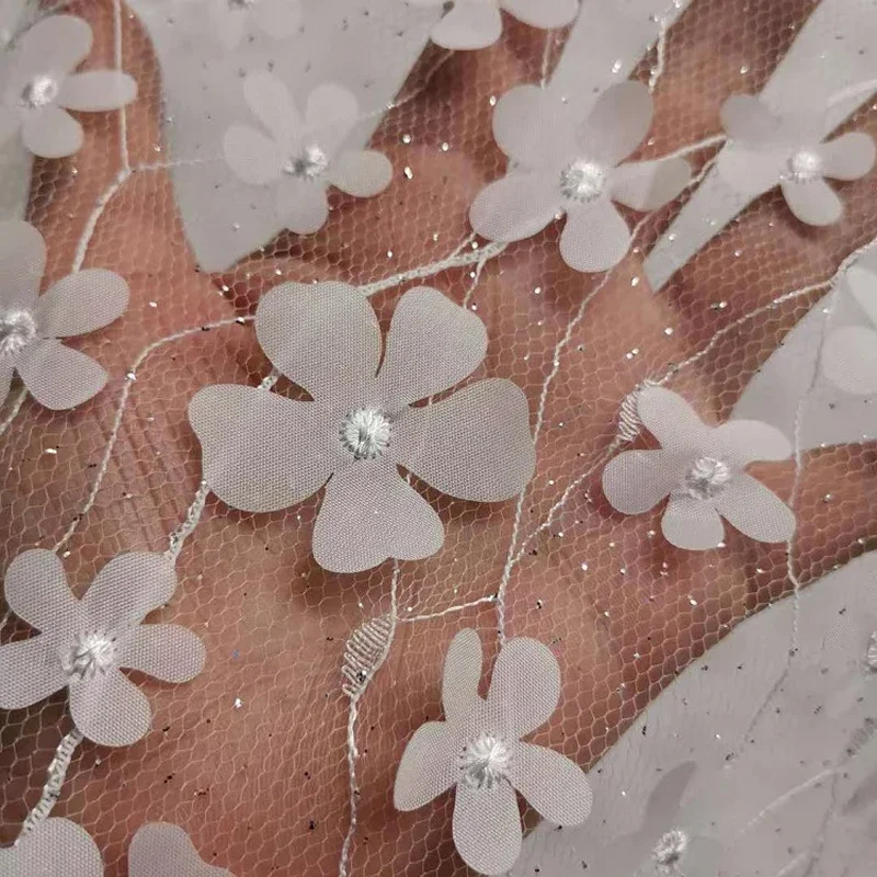 3D Mesh Embroidery Laser Flower Embroidery Fabric Mesh Flower Marriage Lolita Skirt Lingerie Garment Embroidered Silver Fabric