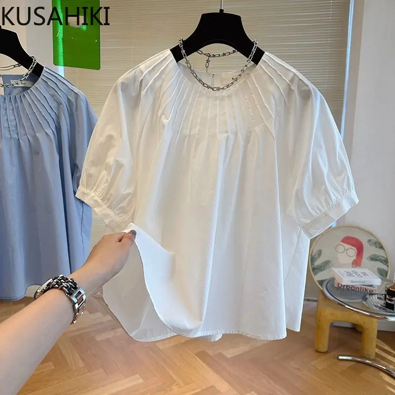 KUSAHIKI Korean Folds O-neck Puff Sleeve Doll Shirt Chic Sweet Womens Tops 2023 Summer New Solid Pullover Blusas De Mujer