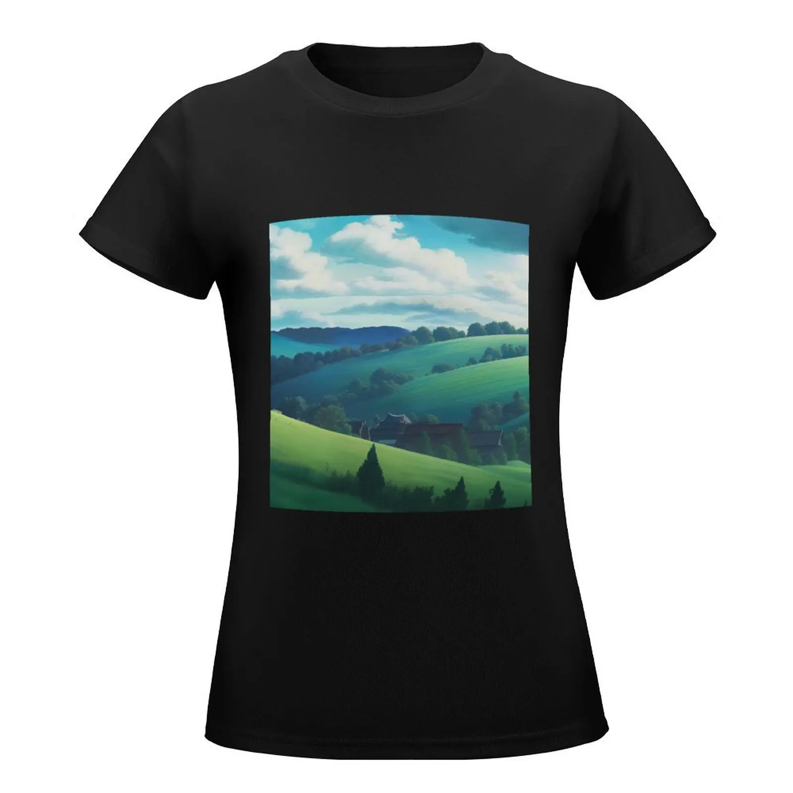 Ghibli Style Green Hills T-Shirt summer tops cute tops Women t-shirts