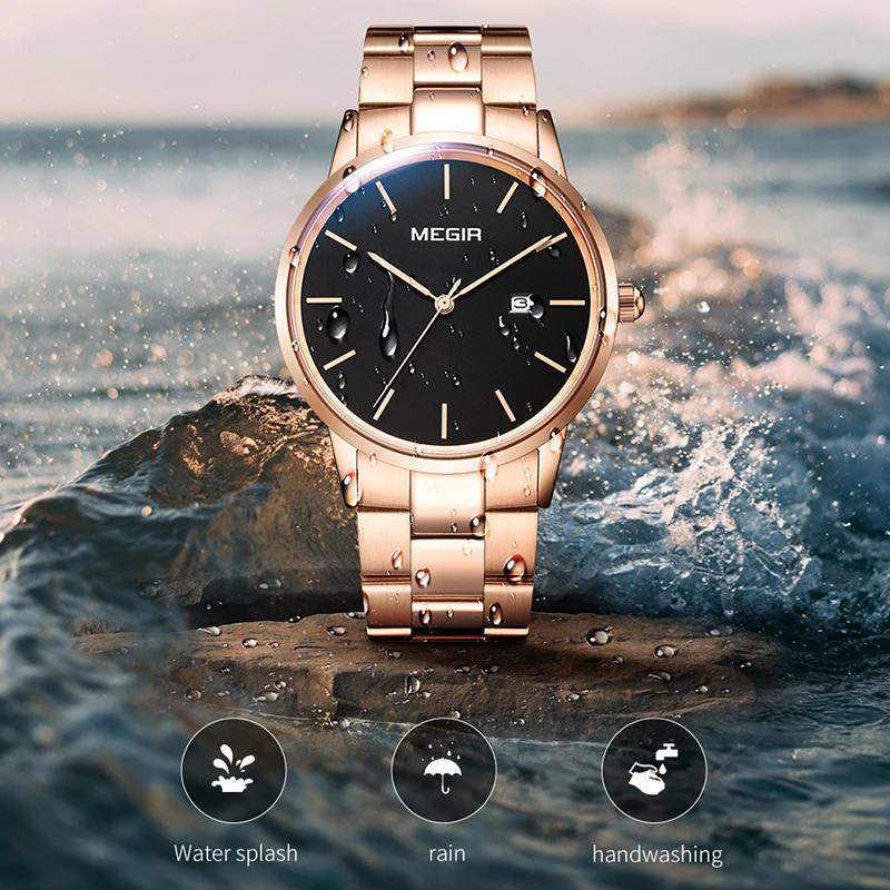 MEGIR-reloj de cuarzo con correa de acero inoxidable para hombre, cronógrafo de pulsera, resistente al agua, sencillo, informal, a la moda