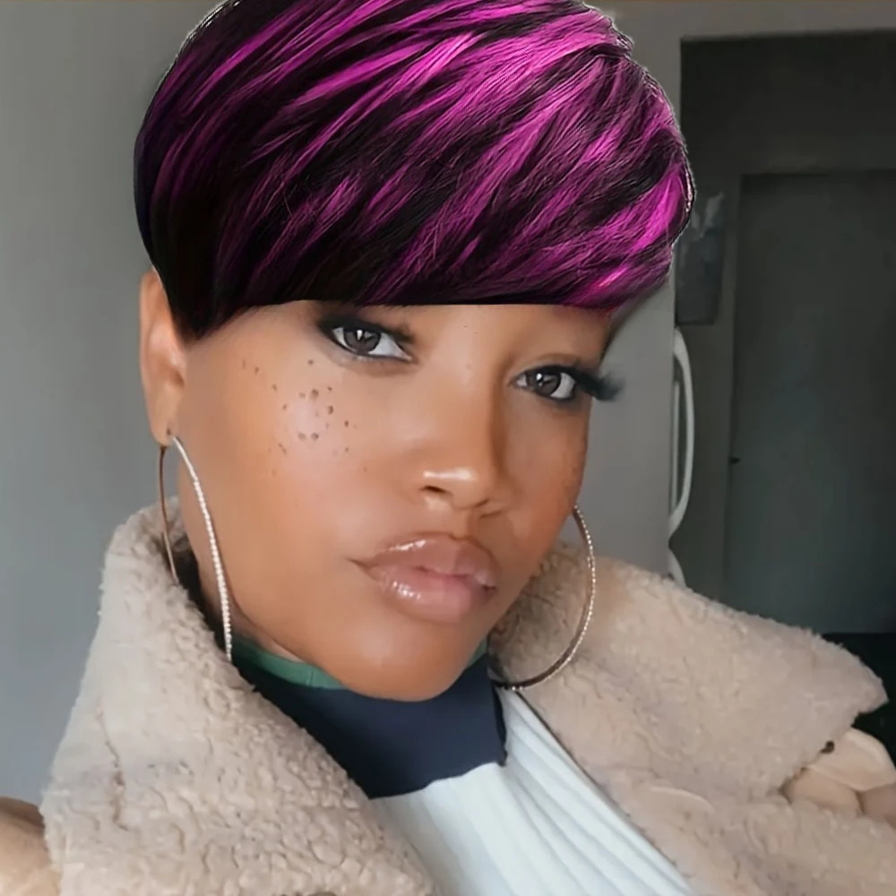 1B/Purple Color Straight Human Hair Wig With Bangs Pixie Cut Straight Human Hair Wig Full Machine Made Wig