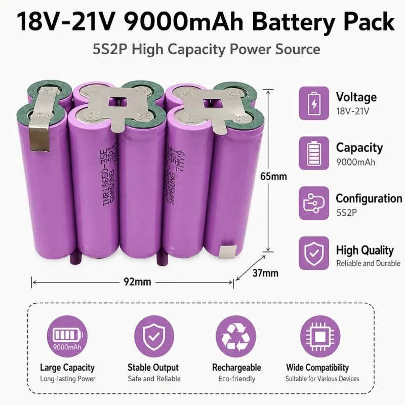 Batteria per avvitatore 9000mAh 18V/21V – 5S2P, realizzata con celle Samsung 35E 18650, pronta per la saldatura a punti