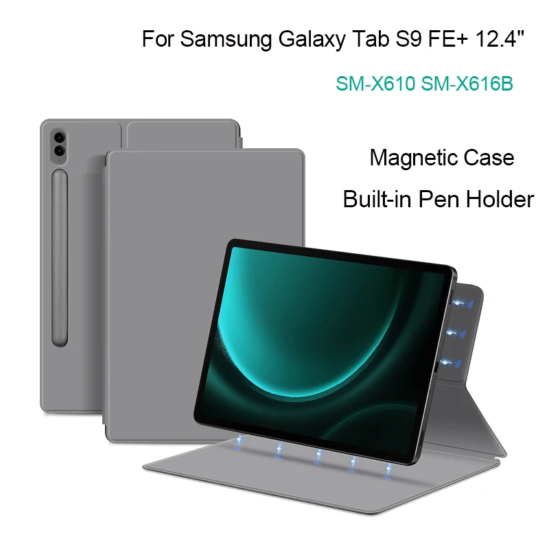 

Magnetic Tablet Case For Samsung Galaxy Tab S9 FE Plus 12.4" S9 FE+ SM-X610 SM-X616B PU Stand With Built-in Pencil Holder Cover