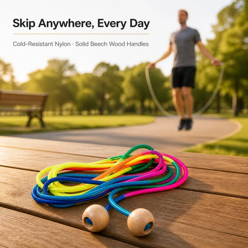 2026 Rainbow Children's Adjustable Length Jump Rope with Wooden Ball Handle Gradient Color for Fitness Exercise Sports Outdoor U