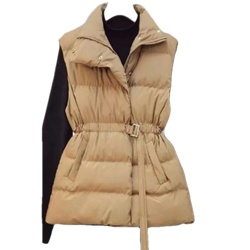 韓国風サッシュベルト付きノースリーブベストジャケット レディース キルティングパフベスト 綿入り冬用ウエストコート レディース スタンドカラー