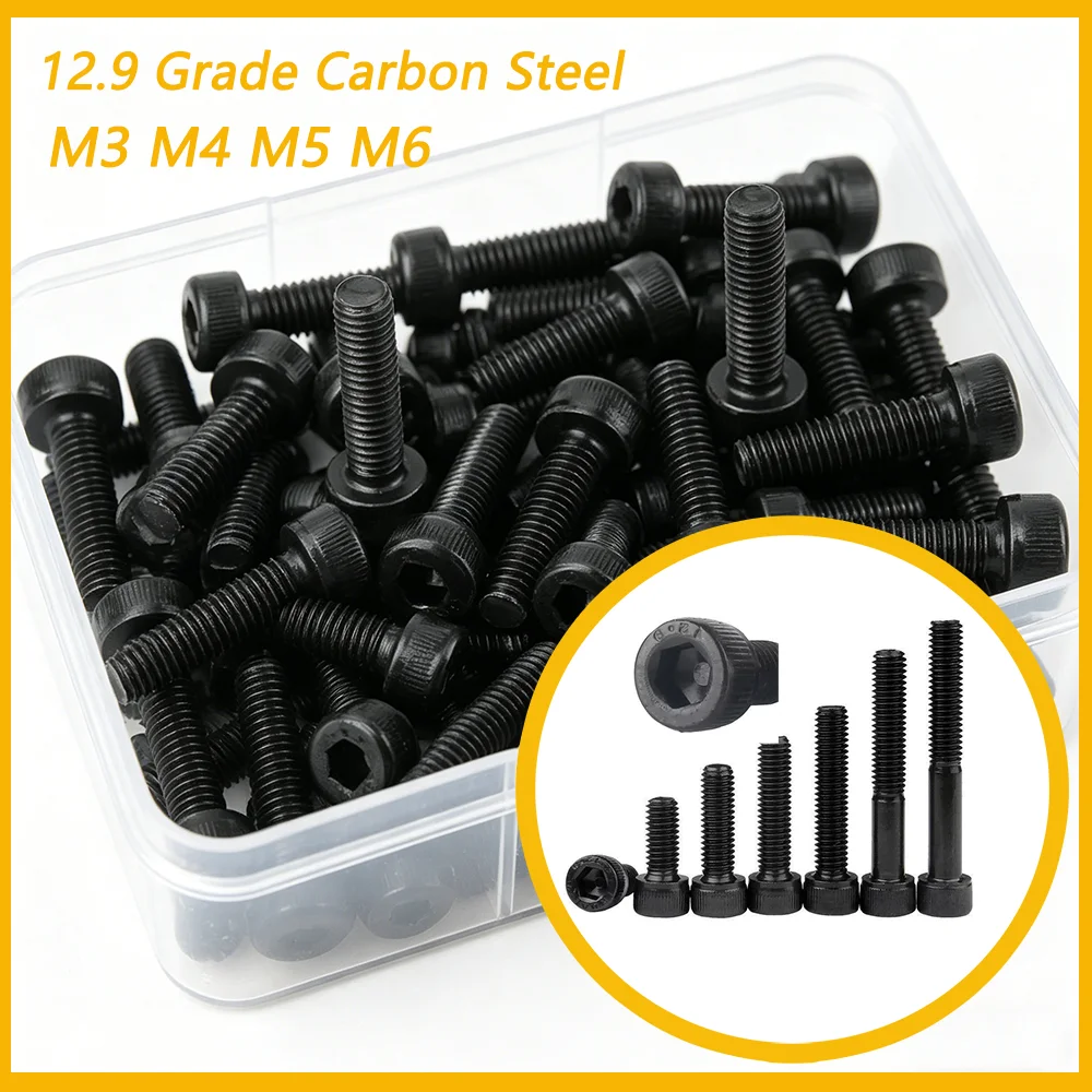 DIN912 Black Hex Socket Head Cap Bolt 10-40mm, 12.9 Grade Carbon Steel Allen Screw M3 M4 M5 M6, 10/20pcs