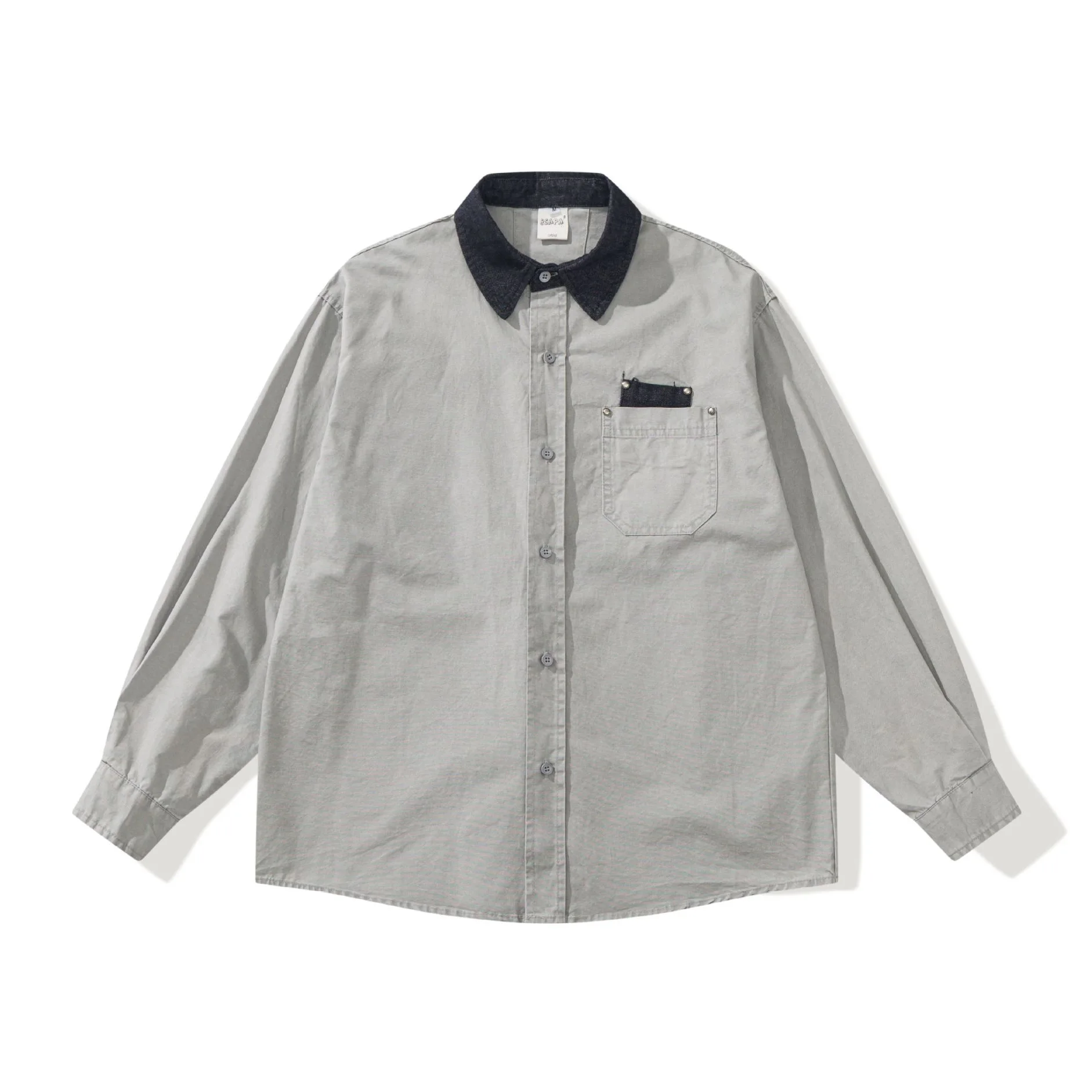Men Long Sleeve Loose Casual Japanese Streetwear Fashion Splice Collar Washed Cotton Cargo Shirts Man Spring Autumn Clothes Tops