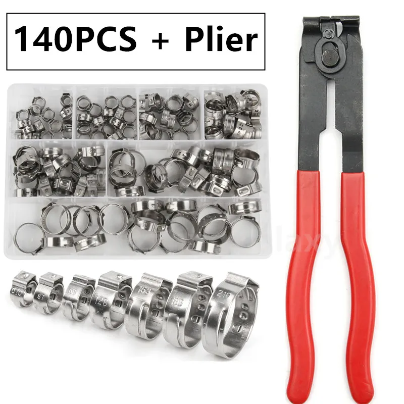 140pcs Single Ear Stepless Hose Clamps 7-21mm 304 Stainless Steel Hose Clamps / 1PC Hose Clip Clamp Pliers Kit Assorted