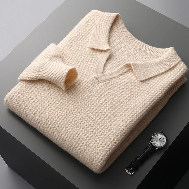 Autumn and winter new 100% wool cashmere sweater men's PoLo neck pullover casual large size thick lapel shirt warm knit jacket