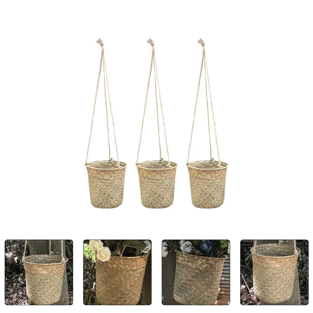 

3Pcs Home Organizer Baskets Woven Hanging Flower Basket Natural Appearance Design Stylish Gardening Decor Container