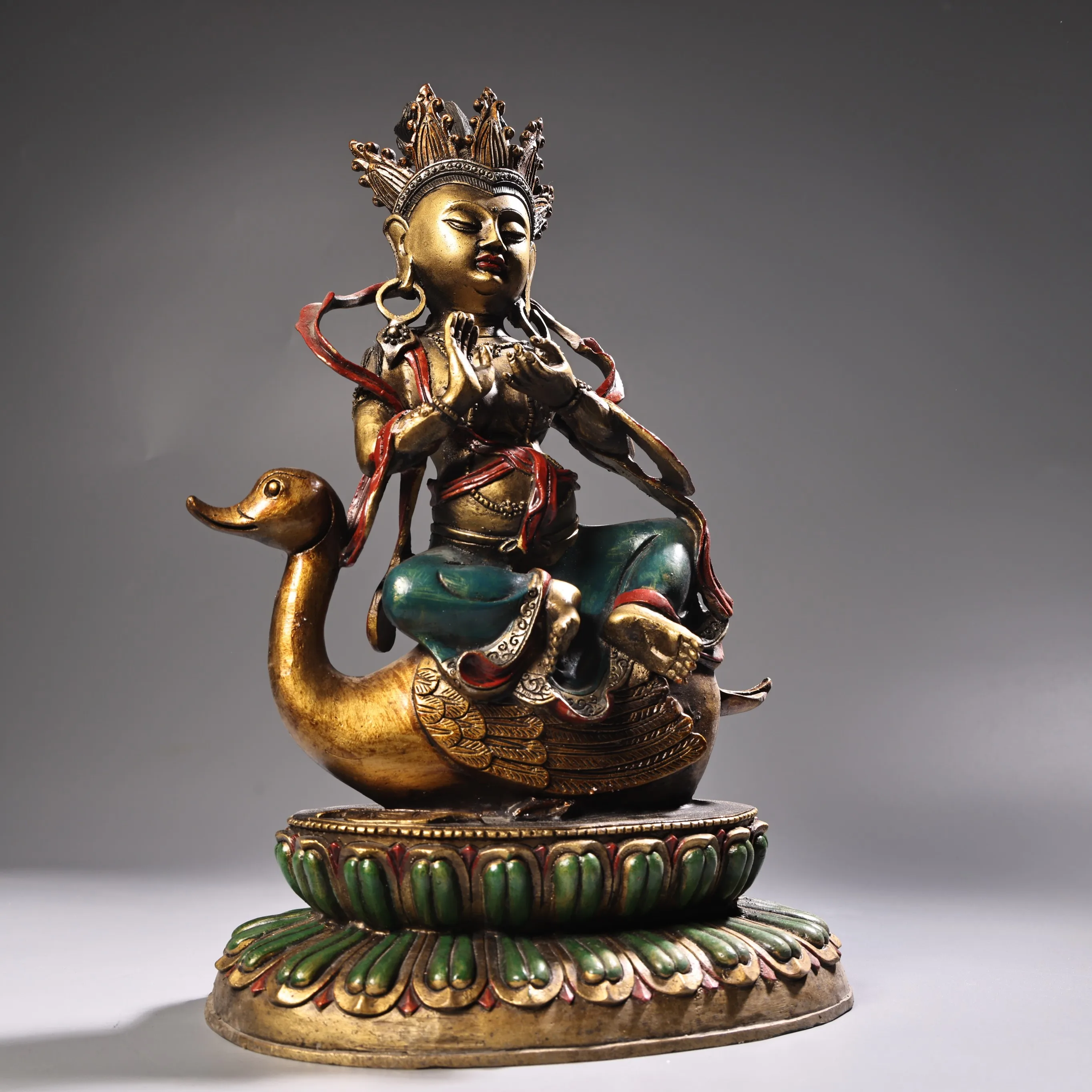 Old copper of Brahma Guanyin riding a goose, with polychrome painting and gold tracing Statue, Free shipping