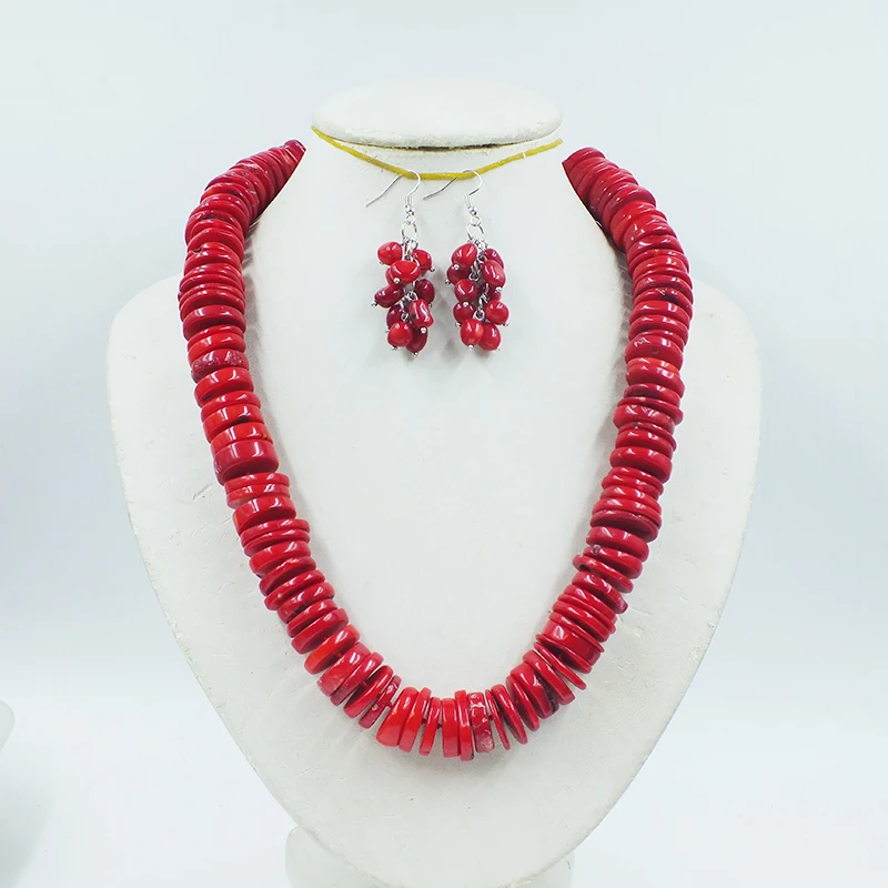 

The last share. 18-20MM Natural Irregular Flat Precious coral Necklace/Earring Set. African Women's Wedding Jewelry 22“