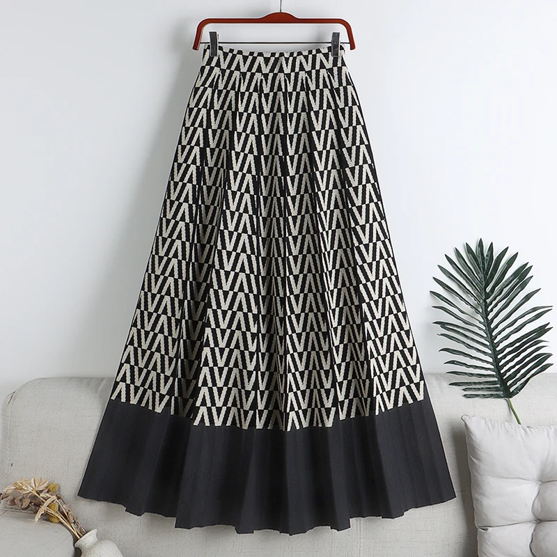 

Women's Autumn Winter Knitted A-Line Midi Skirt High Waist Elastic Casual Elegant Patchwork Saya Female Loose Falda q18