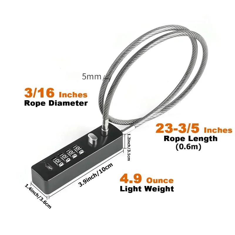 4 Digit Combination Long Rope Cable Lock Resettable Code for Bicycle Locker File Cabinet Padlock