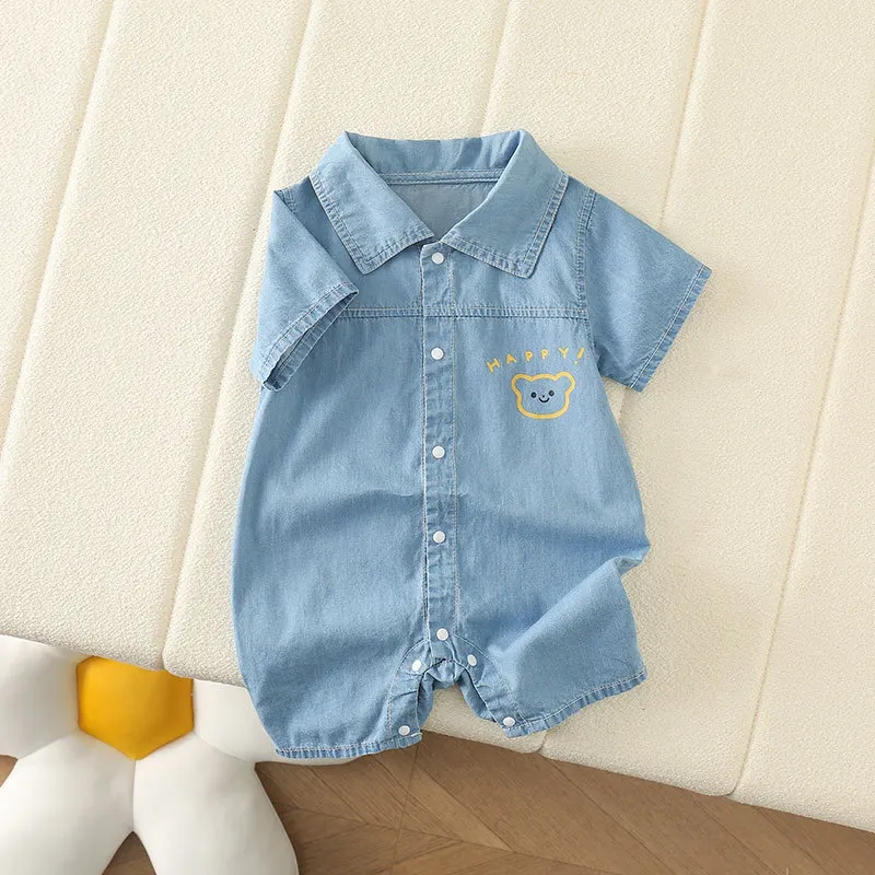 Summer baby casual foreign style lapel bear denim baby one-piece short Romper