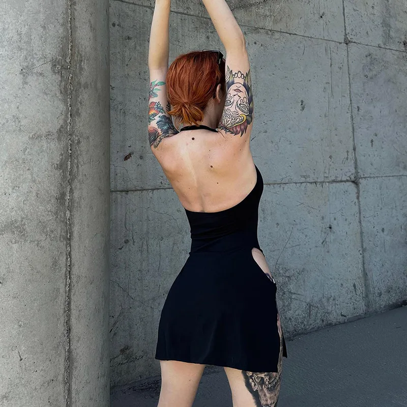 New Dresses Summer Sexy Halter Mini Dress Y2K Women Sleeveless Strap Streetwear Backless Split Black Dress Party Elegant A-LINE