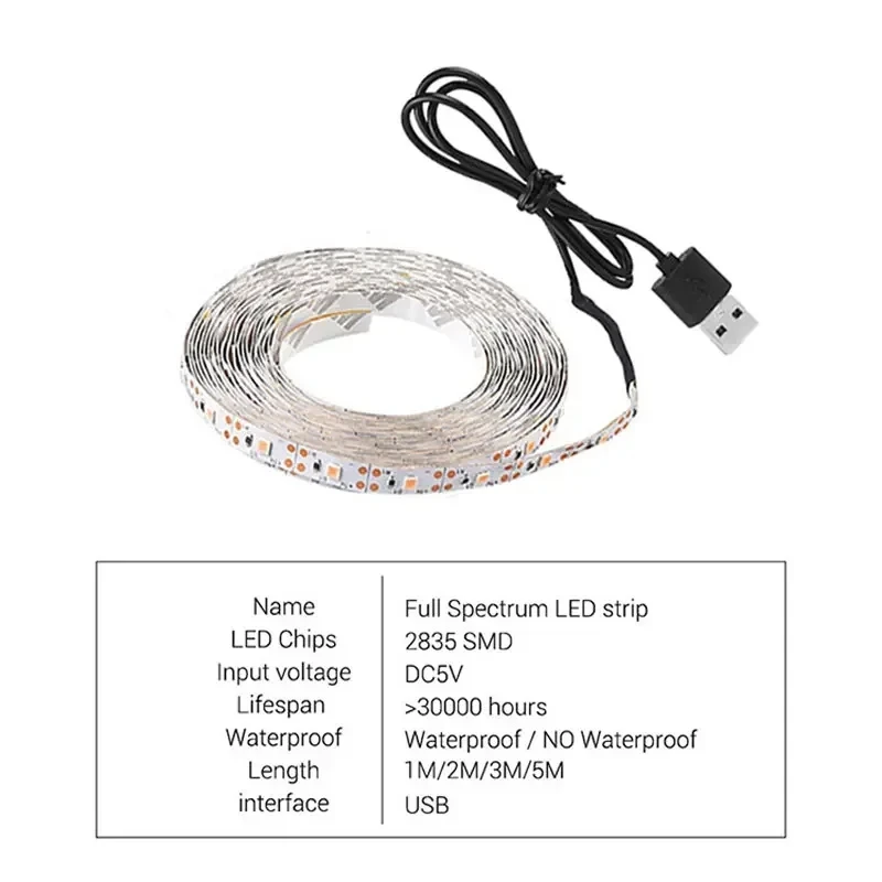 DC 5V USB LED Grow Light Full Spectrum 1-5m Plant Light Grow LED Strip Phyto Lamp for Vegetable Flower Seedling Grow Tent