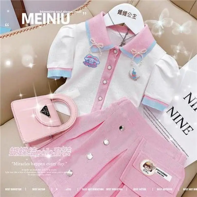 Anime Sanrios My Melody Girls Fashion Short-Sleeved Pleated Skirt Two-Piece Set Preppy Style Sweet Princess Skirt Kids Clothes