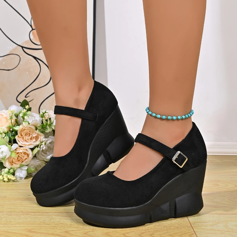 *Newly Arrived Comfortable Round Toe Fashionable Waterproof Platform High Heels Elegant Black Suede Wedge Heel Women's Shoes