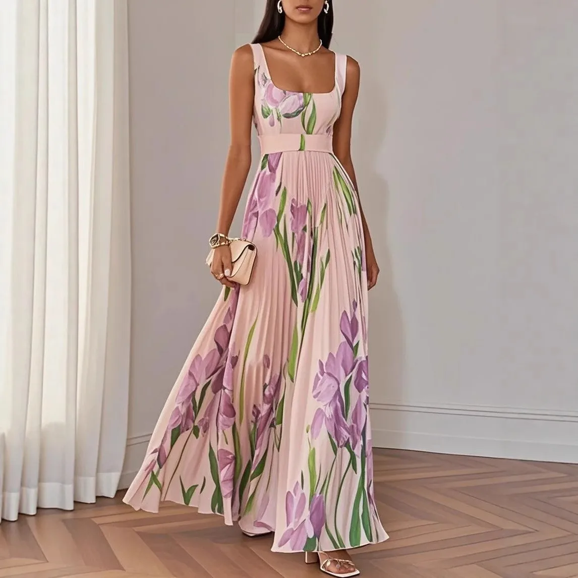 Printed a Line Dress Loose Waist Street Style with 3D Pattern Pullover Maxi Length Edgy Street Sleeveless Women Summer Dress