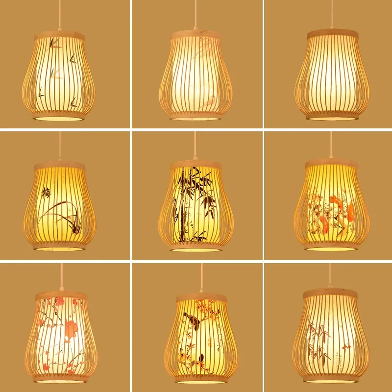 Bamboo Weaving Pendant Lamp Handcraft Ceiling LED Lantern Rattan Wicker Traditional Woven Room Cafe Art Deco Lighting Handmade