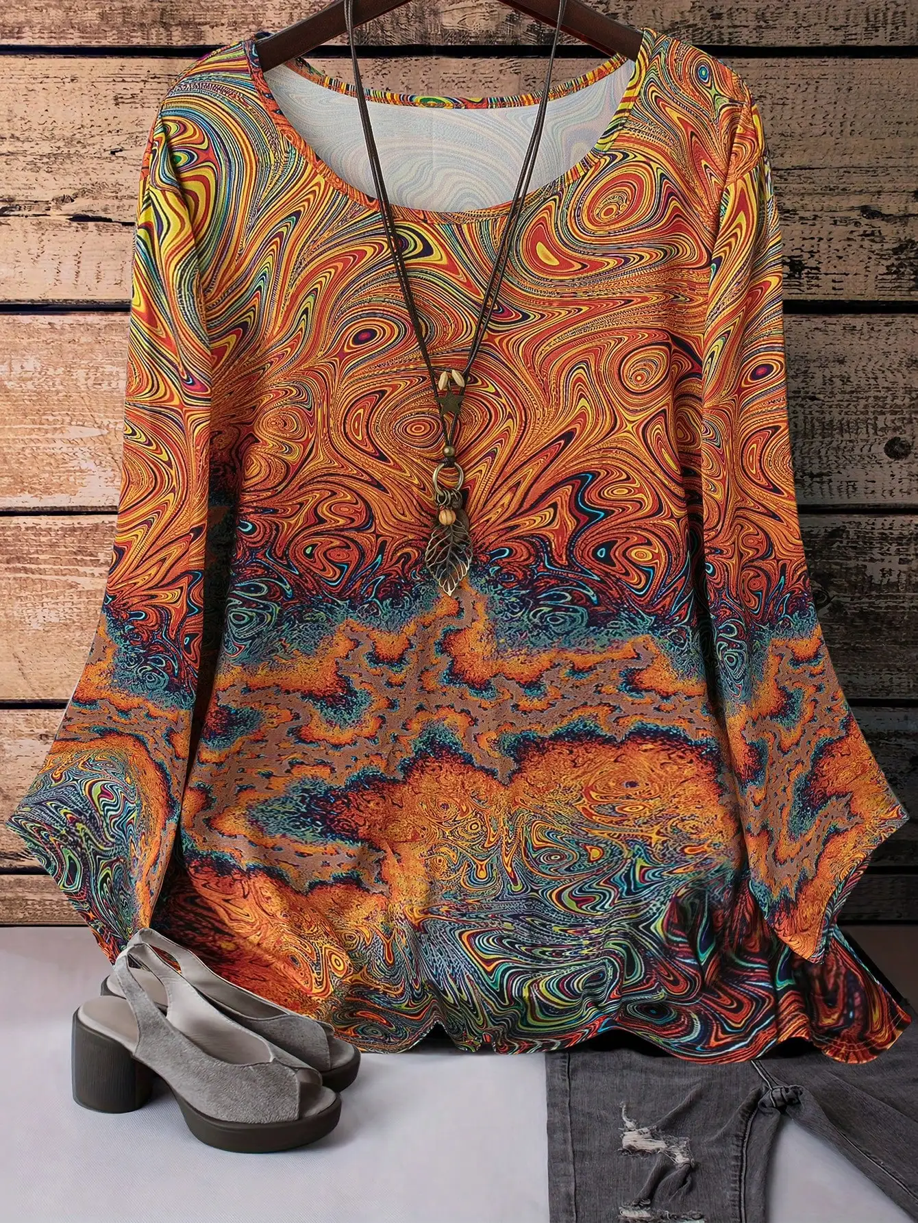 

Boho Psychedelic Print Long Sleeve Blouse for Women, Loose Fit Casual Top with Round Neck