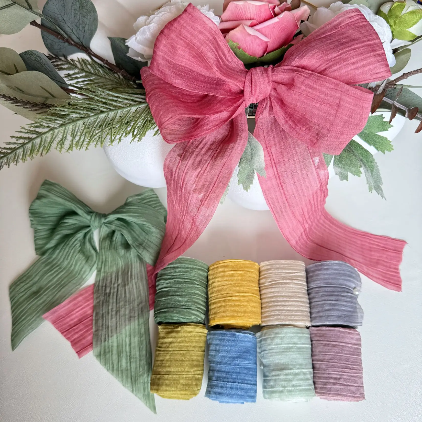 5cmx5m/roll Elegant Striped Pleated Silk Ribbons DIY Simple Solid Color Chiffon Ribbons Packaging Material Wedding Ribbons