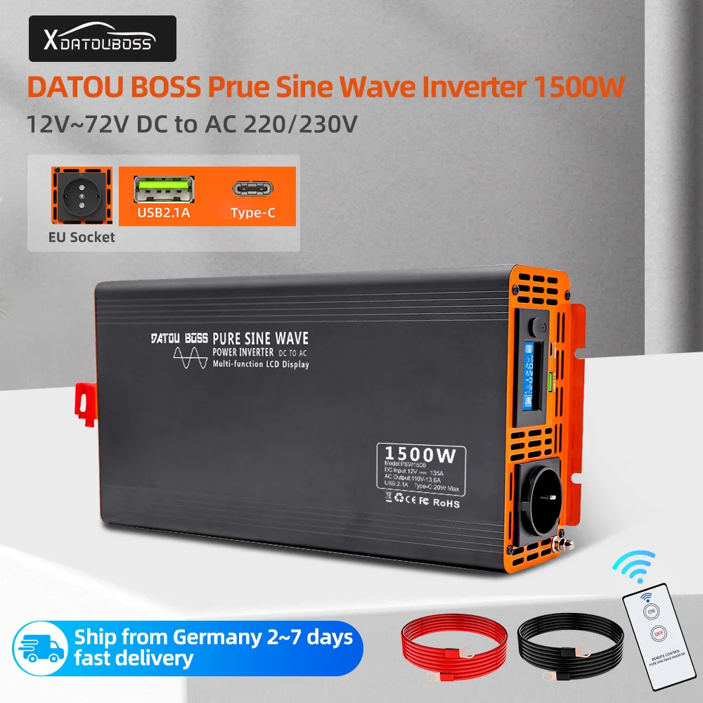 

DATOU Boss Pure Sine Wave Inverter 12v 220v 24/36/48/60/72V DC Fit EU Standard LCD Display Grounding Car Inverter 1kw 1.5kw 2kw