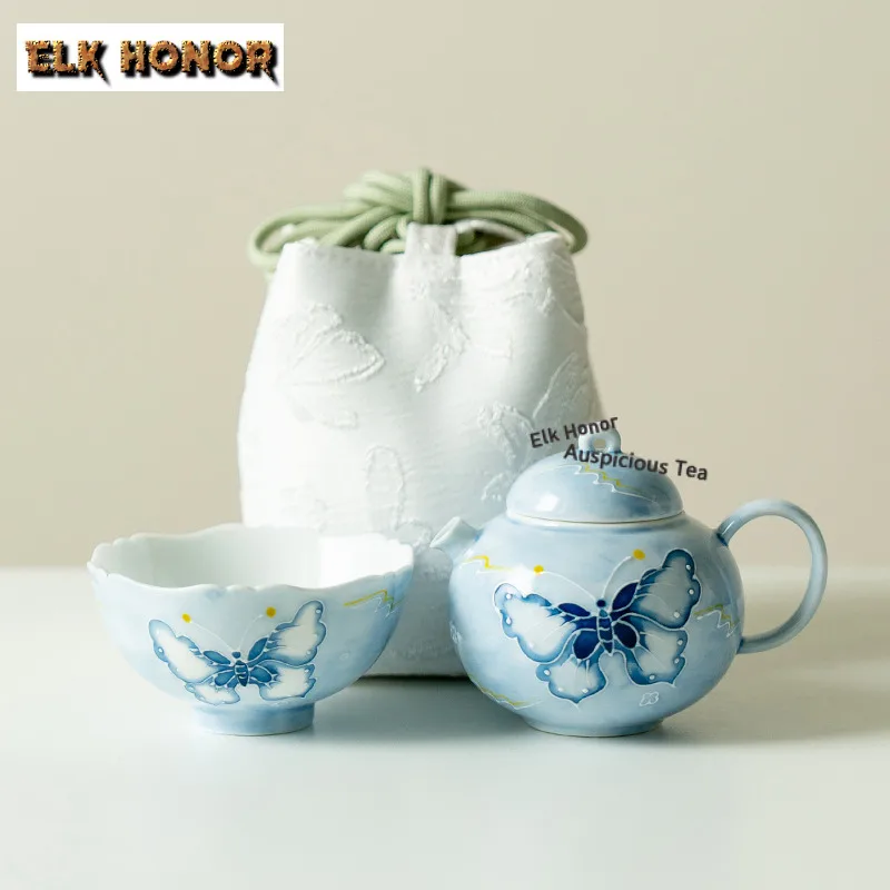 

Ручная роспись бабочка дорожный чайный сервиз ручной работы 1 горшок 1 чашка бытовой органайзер для заваривания чая портативная сумка для кемпинга ремесло