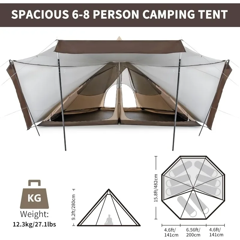 Ranch Hot Tent with Stove Jack Winter Camping Vestibule Poles, Octagon Large Tall Tipi Family Hiking, Hunting,